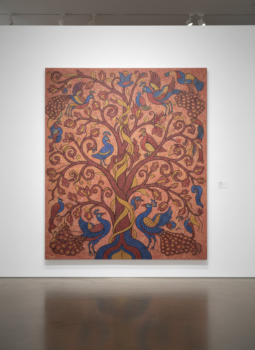 A large, meticulously detailed Gond-inspired painting captured as a frontal gallery-style photograph, filling most of the frame. The canvas rests on a clean white exhibition wall, its intricate pattern of stylized trees, birds, and flowing lines rendered in earthy reds, deep indigos, and muted yellows, with fine black outlines creating a rhythmic visual language. Soft, even museum lighting from above washes the surface, revealing the subtle texture of thick, matte acrylic on canvas. The polished concrete floor below reflects a faint glow, while the background remains minimal and slightly out of focus. Shot at eye level with sharp focus and straight edges, the mood is sophisticated and contemplative, presenting the artwork as a serious, collectible piece in a professional gallery setting.