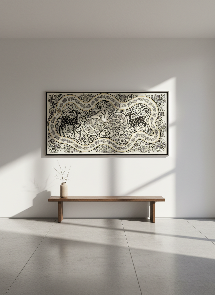 A wide photographic shot of a minimalist home interior where a single large Gond-art-inspired painting is the focal point. The artwork hangs centered above a low, simple bench against a smooth, off-white wall, its intricate patterns of interconnected animals and flowing rivers rendered in a restrained palette of black, white, and gold. Natural afternoon light streams in from a tall window off-frame, creating soft, elongated shadows on the floor and a gentle sheen across the painting’s surface. The room is uncluttered: a single ceramic vase with dried branches rests on the bench, slightly off-center. Captured at eye level with balanced composition and full depth of field, the mood is serene, sophisticated, and gallery-appropriate, demonstrating how the painting elevates a contemporary living space.
