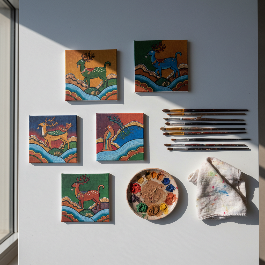 An overhead photographic composition of an artist’s worktable, carefully arranged to showcase the creation of Gond-inspired paintings without showing any human presence. Several small canvases in various stages of completion lie on a clean, light-grey surface, each featuring organic shapes, mythic animals, and abstracted landscapes in harmonious earthy and jewel tones. Beside them rest neatly aligned brushes with stained wooden handles, a ceramic palette dotted with dried pigments, and a folded cotton cloth marked with subtle paint traces. Soft, cool daylight from a large studio window spreads evenly across the scene, creating gentle shadows that define each object. The image is sharply focused throughout, with a balanced, almost architectural arrangement, conveying a quiet, disciplined, and professional creative practice grounded in tradition and personal storytelling.