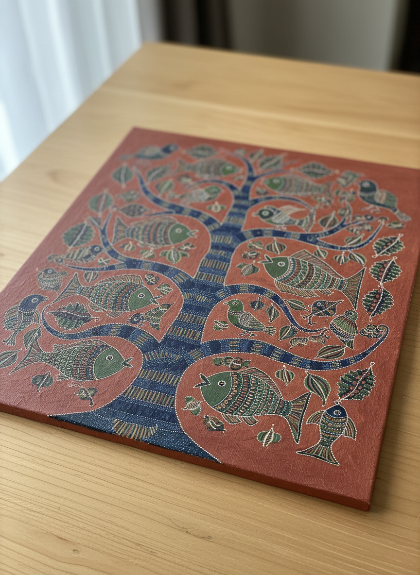A close-up photographic view of a single Gond-style painting laid flat on a smooth, neutral-toned wooden table, showing the intricate brushwork and texture. The composition focuses on a central, stylized tree of life whose branches morph into fish, birds, and leaves, each filled with dense patterns of tiny dots and parallel lines in rich terracotta, forest green, and midnight blue. Soft diffused daylight from a nearby unseen window grazes the surface from the left, highlighting the raised paint and casting delicate shadows into the grooves. The background gently blurs towards the edges of the frame, keeping attention on the artwork’s details. Captured from a slightly elevated angle with a calm, refined atmosphere, the image emphasizes craftsmanship, tactility, and the quiet sophistication of hand-painted work.